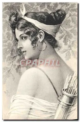 Jovem mulher em traje antigo — Arco e flecha — Editor: Raphael Tion & Fils, França
