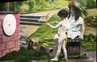 Cupid e uma jovem — cena de tiro com arco — editor não identificado