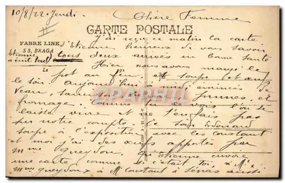Navio a vapor — S.S. Braga — Fabre Line — Verso