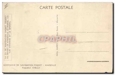 Paquebote CHELLA — Companhia de Navegação Paquet — Marselha — Verso