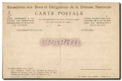 Soldado gritando 'On les aura !' — apelo para assinatura dos Títulos da Defesa Nacional — Devambex, Imp. Paris, Viné N° 90 — Verso