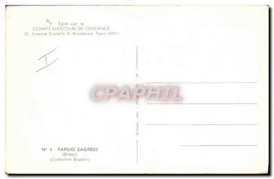 Papilio zagreus — Brazylia — wydawca Komitet Narodowy Dzieci, Paryż — Rewers