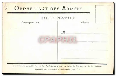 Orfanato das Forças Armadas — Sujeito: mulher em vestido escuro segurando uma criança — desenho de Neuveu em Paris — Verso