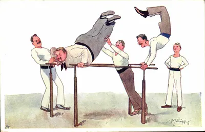 Exercícios de ginástica — homens em traje de treino — desenho de J. Winkler