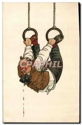 Criança suspensa nos anéis de ginástica — ilustração humorística — editor não identificado