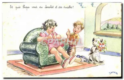 Criança e cachorro oferecendo flores — Papai vende chocolate e chicletes — Janser