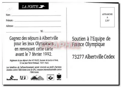 Wsparcie dla Zespołu Francji Olimpijskiej — Albertville 92 — La Poste Organizator Oficjalny — Rewers