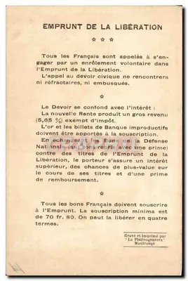 General Pétain — Emprunt de la Libération (1918) — Graviert und gedruckt von La Platinogravure, Montrouge — Rückseite