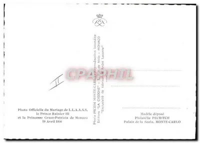 Przywódca Rainier III i Księżna Grace-Patricia z Monako — Ślub 19 kwietnia 1956 — F. Picedi — Rewers