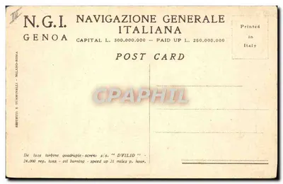 Le paquebot DVILIO — N.G.I. NAVIGAZIONE GENERALE ITALIANA — éditeur N.G.I. GENOA — Verso