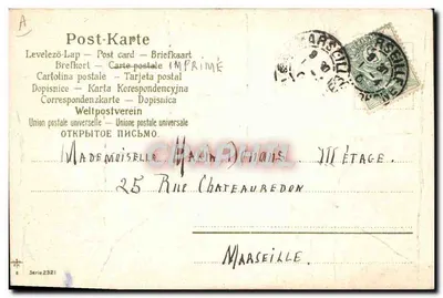 Dwie białe myszy przed otworem w murze — wydawnictwo 'Serie 2321' — multijęzyczna kartka pocztowa — Rewers