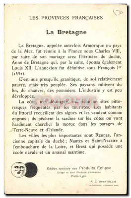 Bretania — kartka pocztowa z serii 'Provincje Francuskie' — Wydanie specjalne Produits Éclipse — Rewers