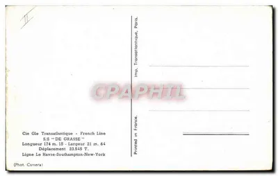 SS DE GRACE — Côte de Grâce — Cie Gie Transatlantique, Paris — Verso