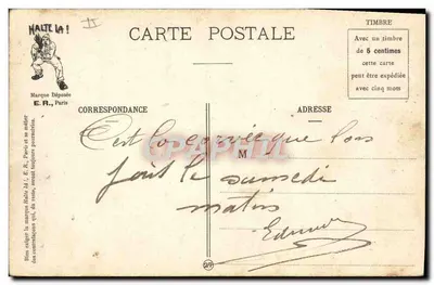 O chamado para a tarefa das pulgas — Cenas militares — E.R., Paris, Modelo depositado n° 15354 — Verso