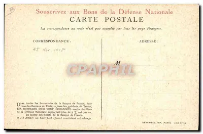 Soldado e galinha gaulesa — cartaz de propaganda para coleta de ouro — Devambez, Paris — Verso