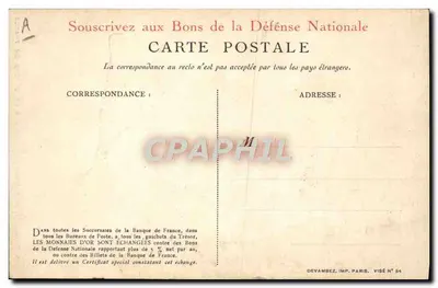 Soldado e galinha gaulesa — Apelo para subscrição de ouro para a defesa nacional — editor Devambez, Paris, n° 54 — Verso