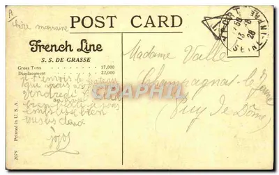 S.S. DE GRASSE — Nova Iorque – Havre Service — French Line — Verso