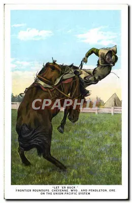 Cowboy montando um cavalo — 'Let 'er Buck.' — Sistema Union Pacific