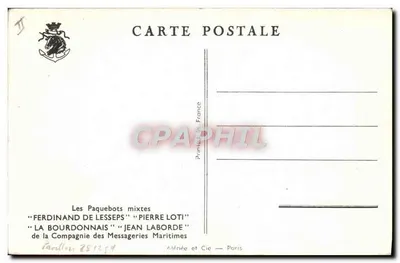 I Piroscafi misti "Ferdinand de Lesseps" "Pierre Loti" "La Bourdonnais" "Jean Laborde" — Compagnia delle Messagerie Marittime — editore Alféna e Cie, Parigi — Verso