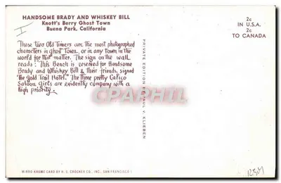 Handsome Brady y Whiskey Bill — escena al borde de un porche — editor Mirro-Krome Card by H.S. Crocker Co., San Francisco — Reverso