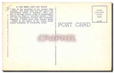 Le Mesa e Old Walpi — antigo vilarejo Hopi — distribuído por J. R. Willis, Albuquerque, N.M. — Verso