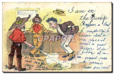 Carta postal humorística — cowboys e um homem furioso — editada por T.S. Ogilvie Pub. Co. em 1906