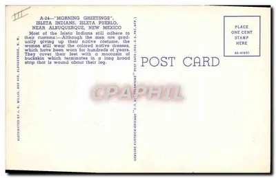 Índios Isleta — Saudações da Manhã — Isleta Pueblo, perto de Albuquerque, N.M. — Distribuído por J. R. Willis, Caixa Postal 655, Albuquerque, N.M. — Verso