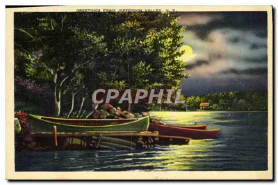 Jefferson Valley, N.Y. — cena noturna com canoas e lua — Tichnor Bros. Inc. Boston, série 60295