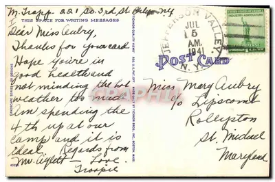 Jefferson Valley, N.Y. — cena noturna com canoas e lua — Tichnor Bros. Inc. Boston, série 60295 — Verso