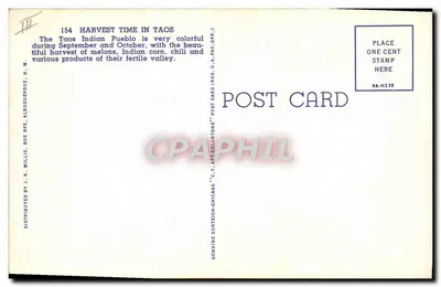 Tempo de Colheita em Taos — Pueblo Indígena de Taos — Distribuído por J. R. Willis, Albuquerque, N.M. — Verso