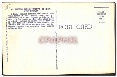 Estufa ou Kiva de Pueblo Indiano, Novo México — editor C.T. Art Color Tone, Chicago — Verso