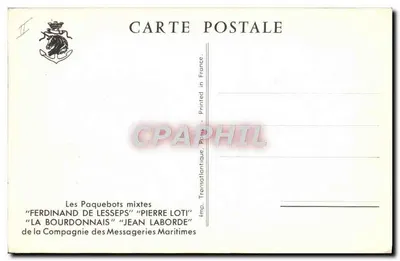 Paquebote "Ferdinand de Lesseps" — "Pierre Loti" — "La Bourdonnais" — "Jean Laborde" — Compagnie des Messageries Maritimes, Paris — Verso