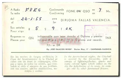 Festas pirotécnicas em Valência — CPAPHIL n° EA5DCC — Verso