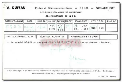 QSL-Karte der Islamischen Republik Mauretanien — A. Duffau — Postes et Télécommunications Nouakchott — Rückseite