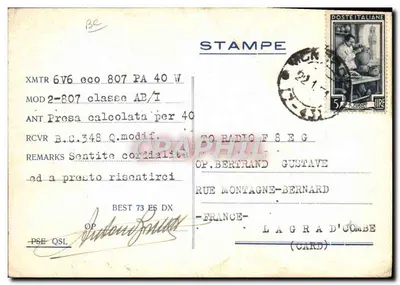 Monopoli (Bari) — Tarjeta QSL de radio amateur — Antonio Barletta — Reverso