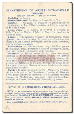 I Dipartimenti: MEURTHE ET MOSELLE — Edizione della CHOCOLATERIE D'AIGUEBELLE — Verso
