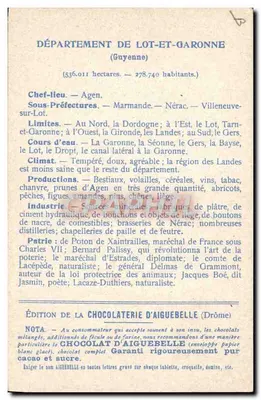 Die Departemente: LOT und GARONNE — Ausgabe der CHOCOLATERIE D'AIGUEBELLE — Rückseite