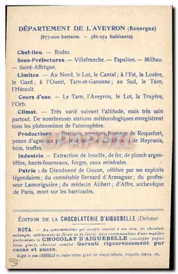 Die Departements: AVEYRON — Ausgabe der CHOCOLATERIE D'AIGUEBELLE — Rückseite