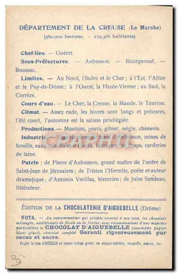Os Departamentos: CREUSE — Carta administrativa — Edição da CHOCOLATERIE D'AIGUEBELLE — Verso