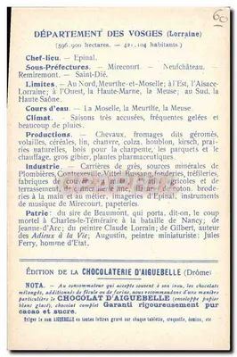 I Dipartimenti : VOSGES — Edizione della CHOCOLATERIE D'AIGUEBELLE — Verso