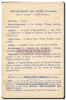 Os Departamentos: ÉURE — Edição da Chocolaterie d'Aiguebelle — Verso