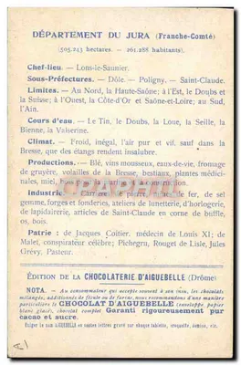 Die Departemente: JURA — Ausgabe der CHOCOLATERIE D'AIGUEBELLE — Rückseite