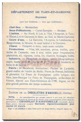 Departamento de Tarn-et-Garonne — (Guyenne) — Edição da Chocolaterie d'Aiguebelle — Verso