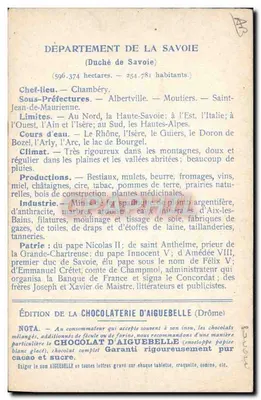 Os Departamentos: SAVOIE — Edição da CHOCOLATERIE D'AIGUEBELLE — Verso
