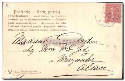 Jovem mulher com vestido de alças — ilustração assinada por 'P. Lefebvre' — editor A.S. Souvenir d'Amour, série 6 — Verso