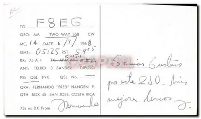 TI122W — TI122W — Fernando (Fred) Hangen P. — Box 45 — San Jose - Costa Rica — Verso