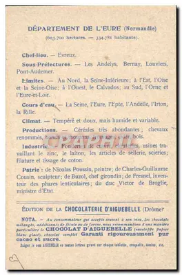 Les Départements : EURE — Édition de la CHOCOLATERIE D'AIGUEBELLE — Verso