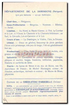 Dordogne — Carta dei dipartimenti — Edizione della Cioccolateria d'Aiguebelle — Verso