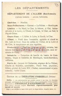 Département Allier — Bourbonnais — Edition der Chocolaterie d'Aiguebelle — Rückseite