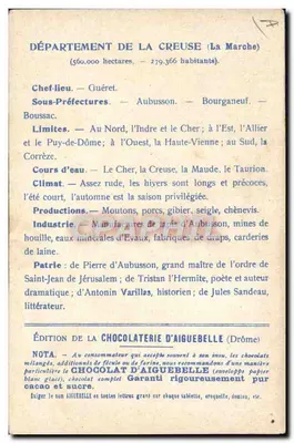 Département der Creuse — Geografische und beschreibende Karte — Edition der Schokoladenfabrik Aiguebelle — Rückseite